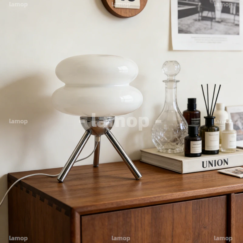 Double Layer Gourd Candy Glass Tripod Chrome Table Lamp Vintage Walnut Cabinet 3 Tone Soft Light Sideboard Decor Table Lamp