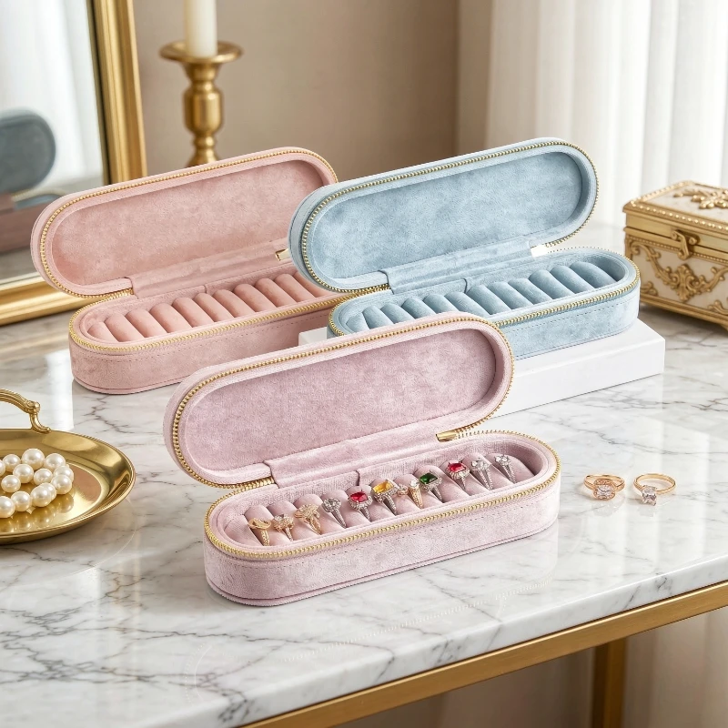 Velvet Ring Jewelry Pouch Zipper Portable Storage Bag for Rings Earrings Travel Gift Packaging Organizer  