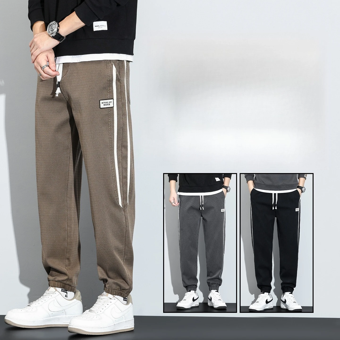 Spring Summer Lyocell Men's Loose Elastic Waist Casual Pants Mens Sports Elastic Rope Breathable Tie-foot Trousers Tapered Pants