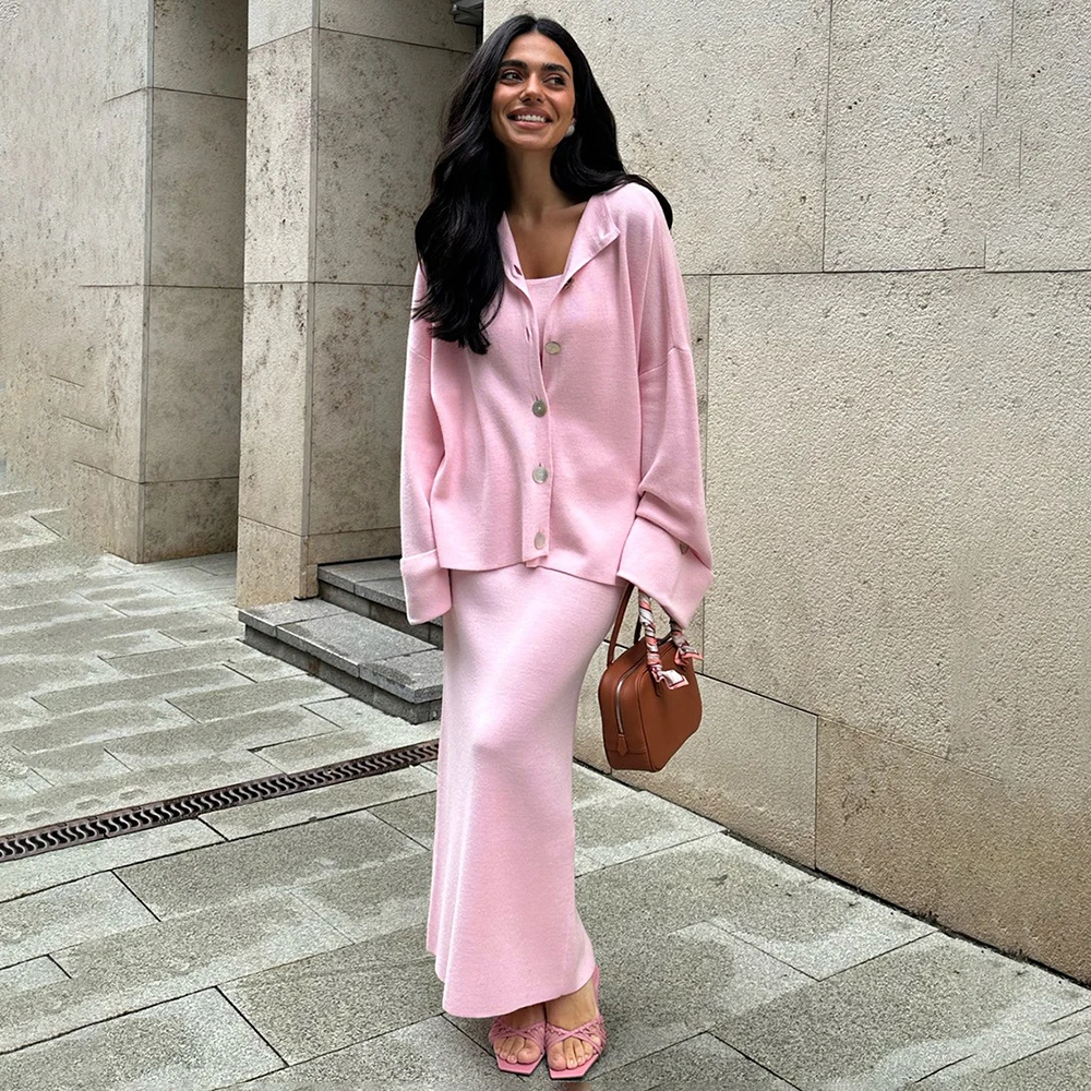 Autumn Knit Long Sleeve Cardigan Camisole Vest Dress Set Casual Elegant Women's 3 Piece Long Dress Set
