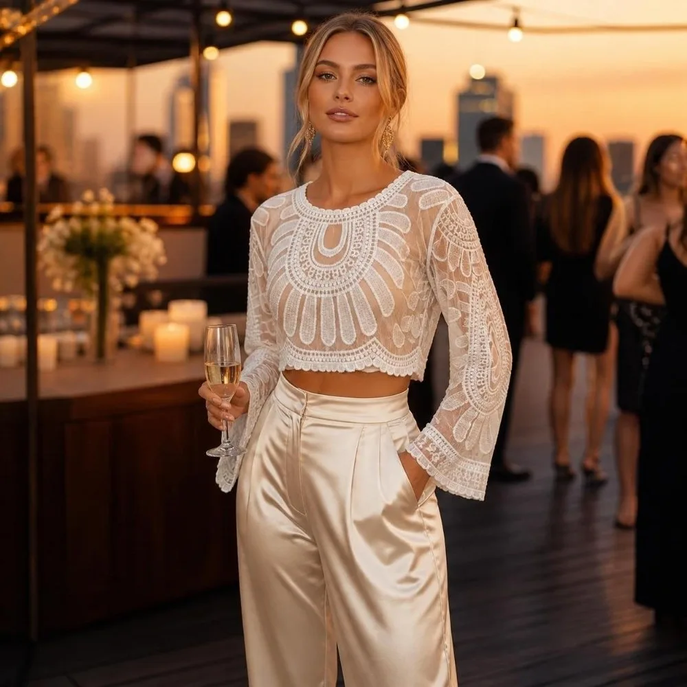 Crop Top Lace Embroidery Sunscreen Cover Up Round Neck Long-Sleeved Mesh Shawl Transparent Beach Cover Shirt Music Festivals