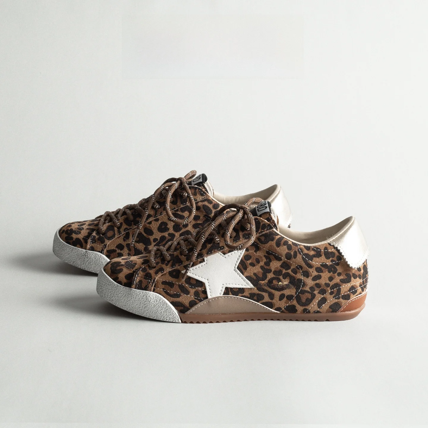 Vintage Leopard Print Star Casual Laced Board Shoes Women's New Genuine Leather Retro round Head Heightening Sports Style De ...
