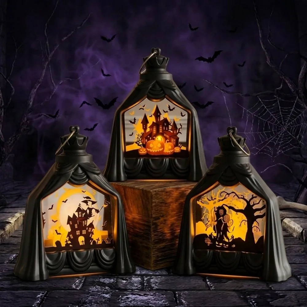 Vintage Halloween Pumpkin Ghost Lamp Decorative Battery Powered Pumpkin LED Light Handheld Plastic Ghost Lantern Yard Decor