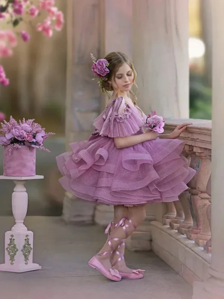 Puffy Glitter Ruffles Princess Flower Girl Dresses Off Shoulder Knee Length Child Pageant Party Birthday Dress Communion Gown