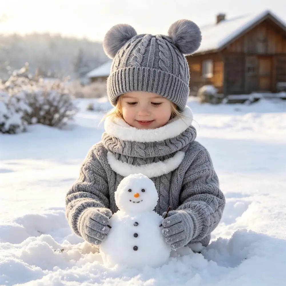 Kids Winter Warm Knit Set Bear Ear Hat Fleece Lined Neck Gaiter Thick Knit Cold Weather Outdoor Accessory Set for Boys Girls
