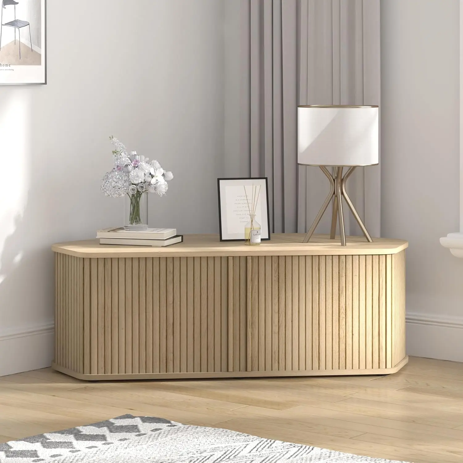 Corner TV Stand with Sliding Door, 2 Layer Storage Console, Fluted Media Center for Living Room & Bedroom, 43 Inch, Customized