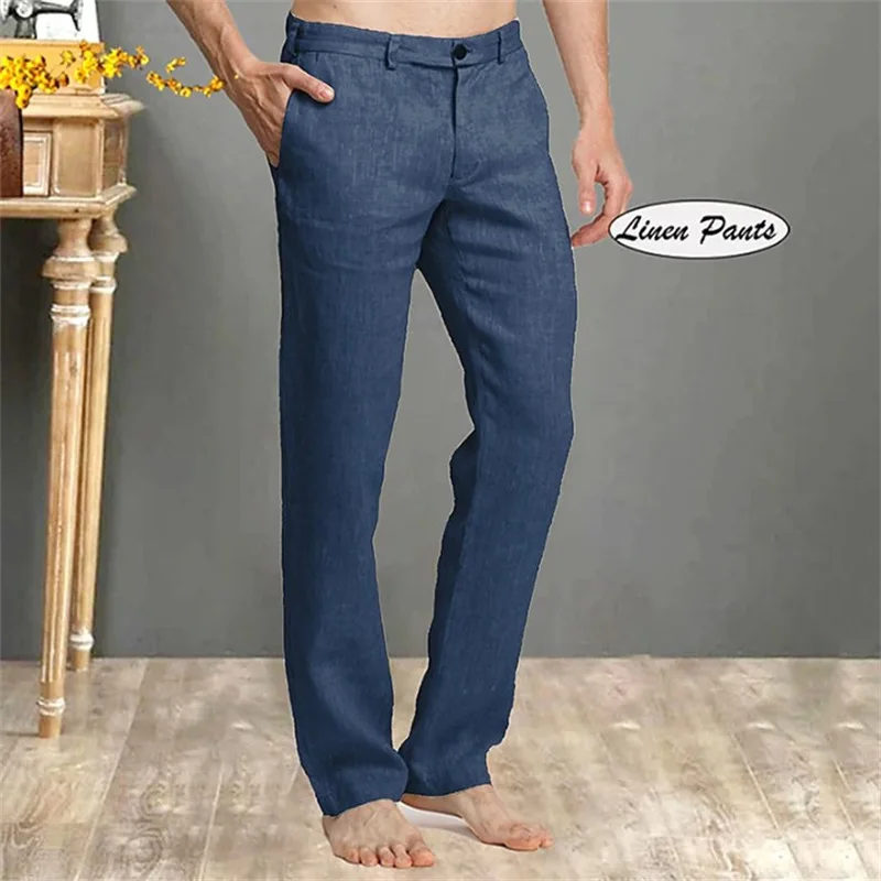New Fashion Men's Mid Waist Casual Trendy Daily Loose Solid Color Simple Basic Straight Linen Trousers Male Pants Bottom Clothes