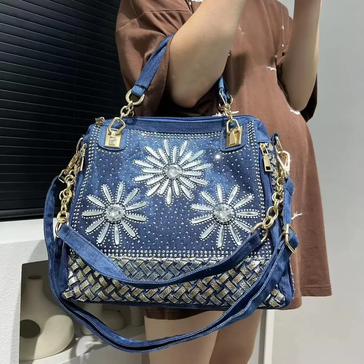 Women's Fashion Denim Diamond Handbag Large Capacity Gradient Diamond Square Shoulder Crossbody Bag