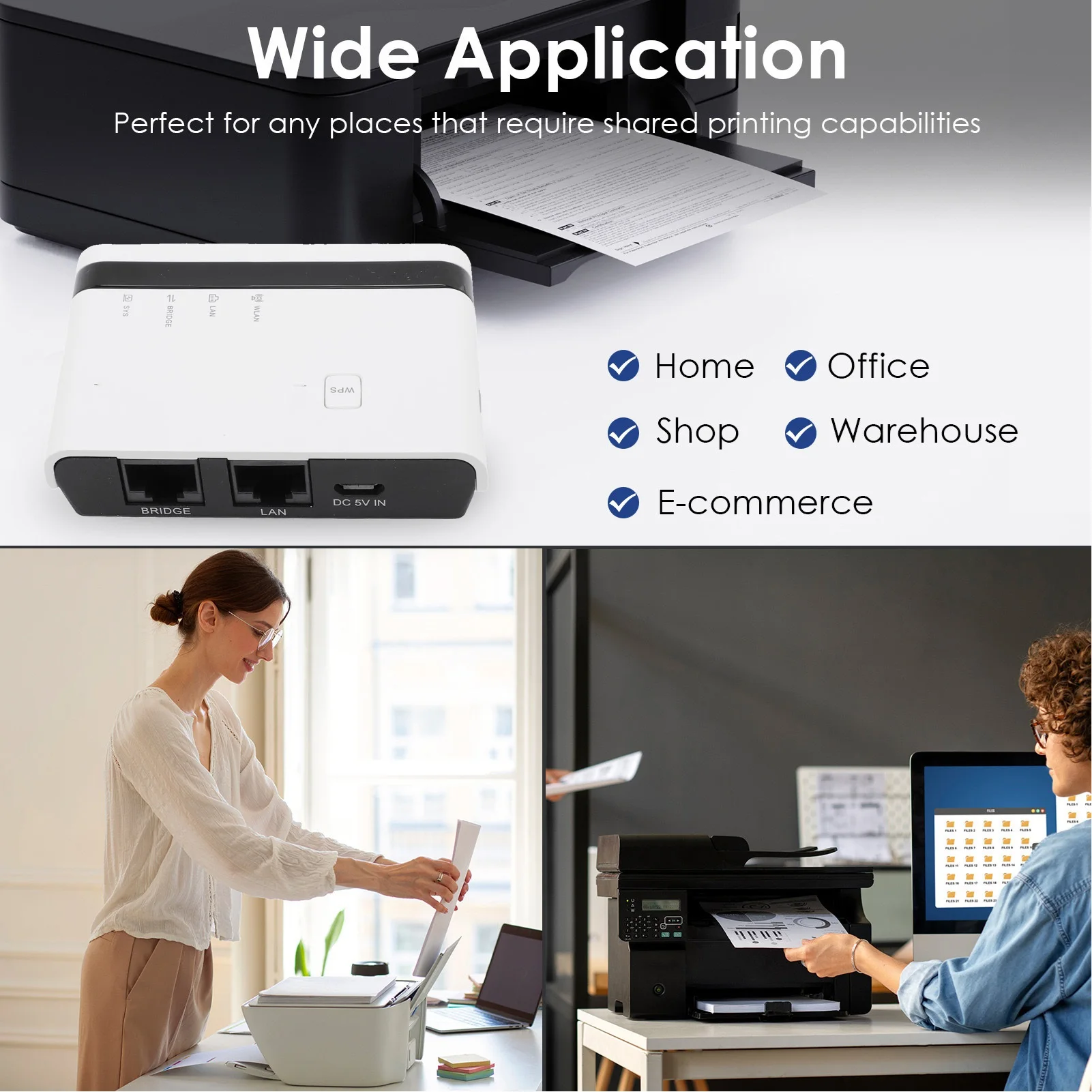 Print Server 3 Modes 10/100Mbps LAN Bridge Sharing LED Indicators Plug and Play Wireless Printer Server Portable for Shops