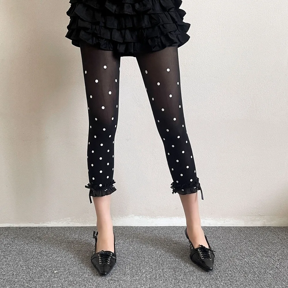 Vintage Lace Trim Thin Leggings Polka Dot Velvet Fabric Girls Pants Retro Style Thin Material Velvet Pants Y2K Style