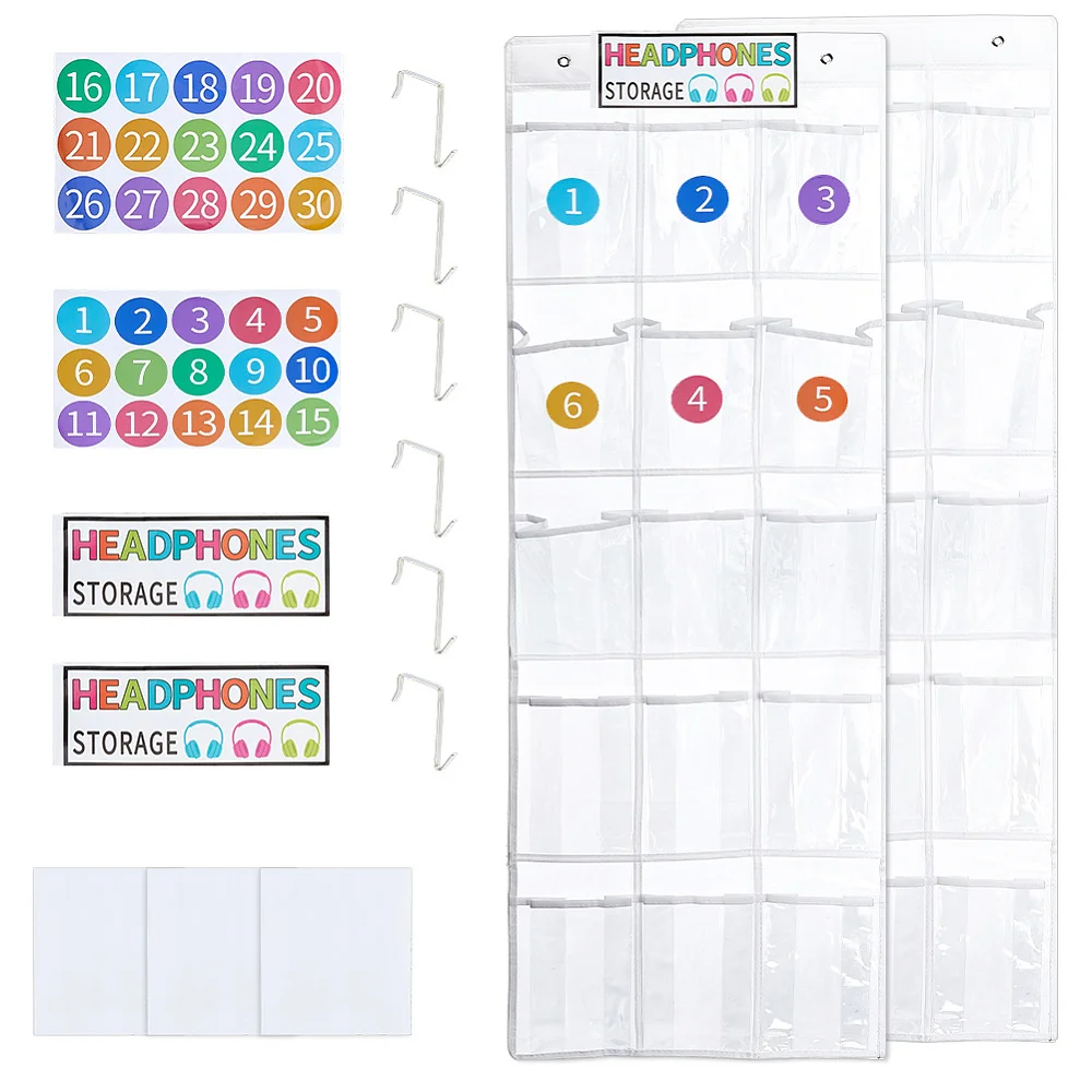 2 Sets Classroom Headphone Storage Organizer with 30 Pockets Clear Classroom Over The Door Storage Bags Clear Organizer Holder