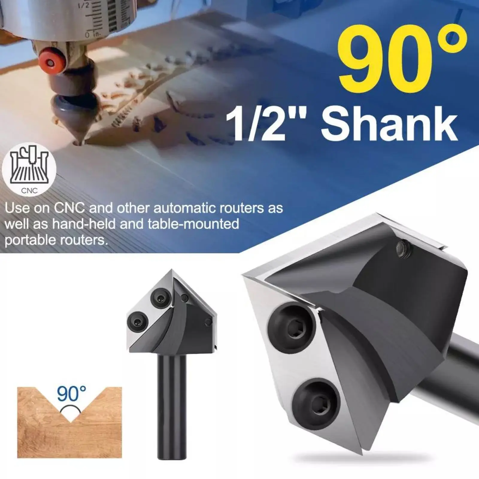 90 Degree Carbide V Groove Router Bit 1/2" Shank 38.6mm for Wood CNC 2 Flute Engraving Milling Cutter for MDF Chamfering
