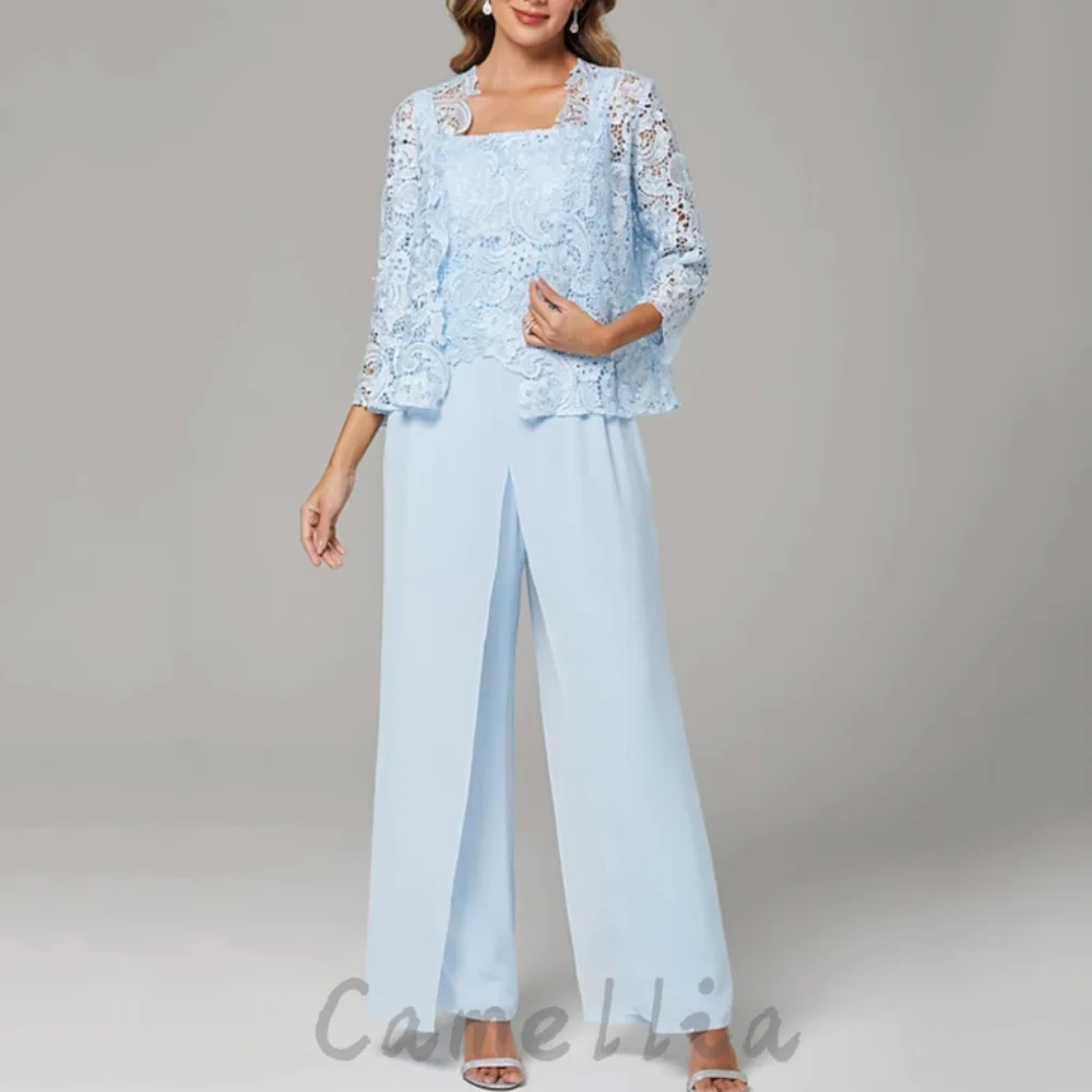 Customized Chiffon Three Pieces Mother of the Bride Pant Suits Vintage Outfits Lace with Jacket Casual robes invite mariage