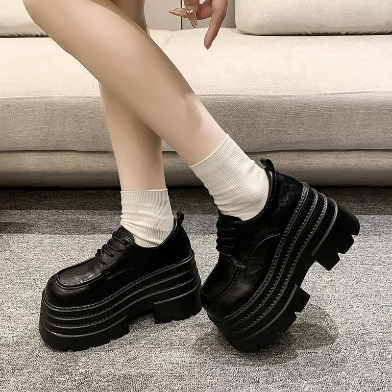 Petite Women's Small Leather Shoes Chunky Heel Thick Sole Add 10cm Height Sweet British Style 2025 Fashion Autumn Winter Ultra