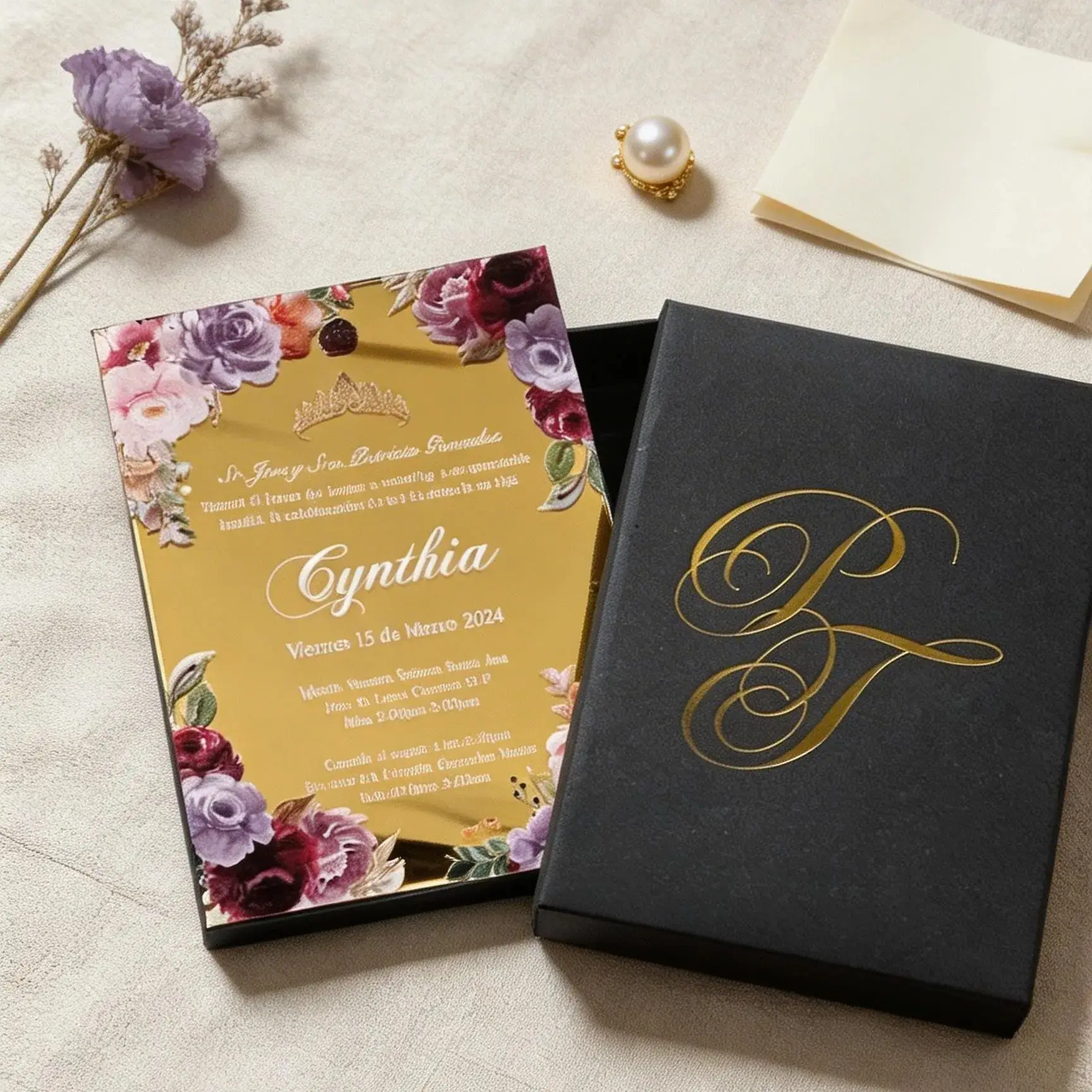 30Pcs Custom Luxury Mirror Gold Acrylic Wedding Invitations with Foiled Packing Boxes,Silver Acrylic Invite Card for Quinceanera