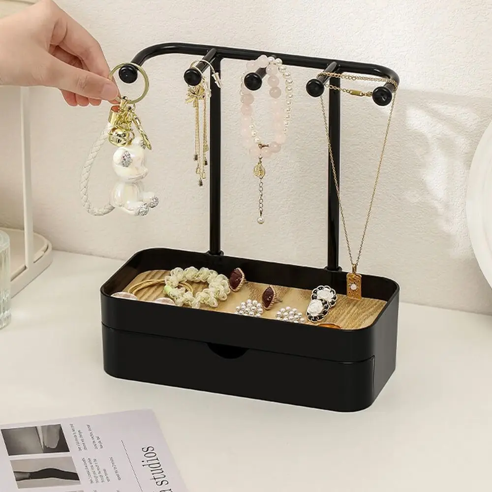 New Portable Jewelry Display Rack with Drawer Box with Wooden Base Storage Rack Earrings Necklaces Key Hanging Holder