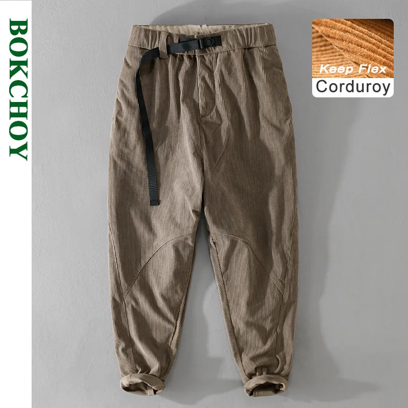 Spring Autumn Vintage Corduroy Straight Pants Men Clothing Solid Color Elastic Waist Street Joggers Trousers FY7626