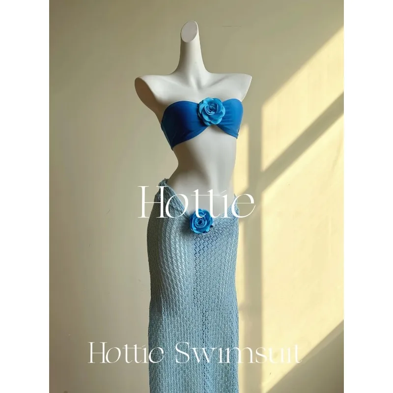 Thai Style 3D Flower Women Three Piece Bikini Set Strapless Knit Wrap Skirt Swimsuit For Island Spa Vacation