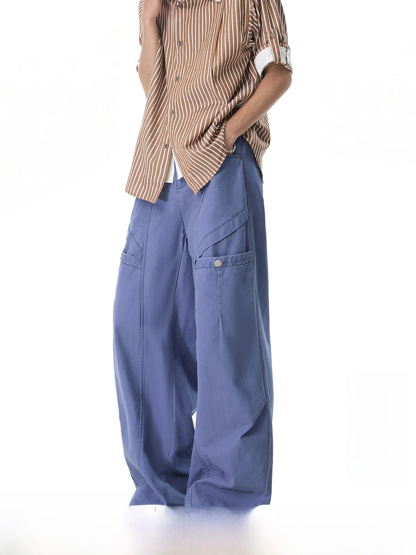 American Style Casual Work Pants Men's Autumn Commute Straight Leg Deconstructed Blue Cotton Trousers Multi-Pocket Men's Jeans