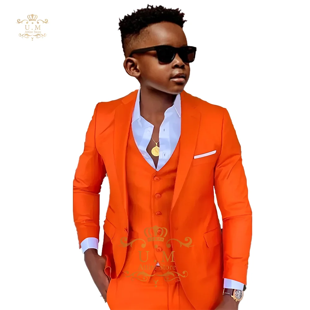 Orange Boy's Suit 3-Piece Jacket Vest Pants Notch Lapel Slim Fit Attire for Wedding Prom Dinner Xmas Party Custom Kids Tuxedo