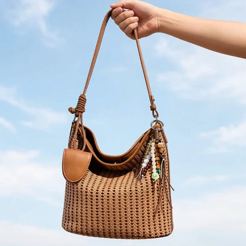 Bohemian Small hollow Bucket bags For Women Luxury Designer Handbag Purses 2026 New In PU Woven Beaded Charms Underarm Shoulder