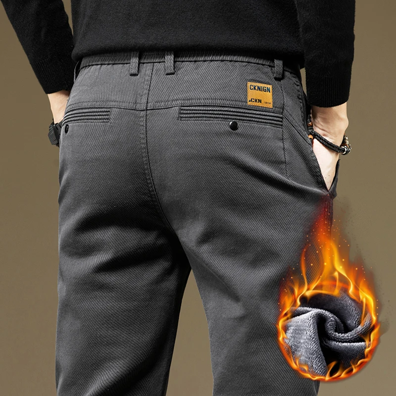 Winter New Fleece Warm Men's Slim Stretch Straight Pants Fashion Business Casual Trousers Thickened Thermal Male Clothes