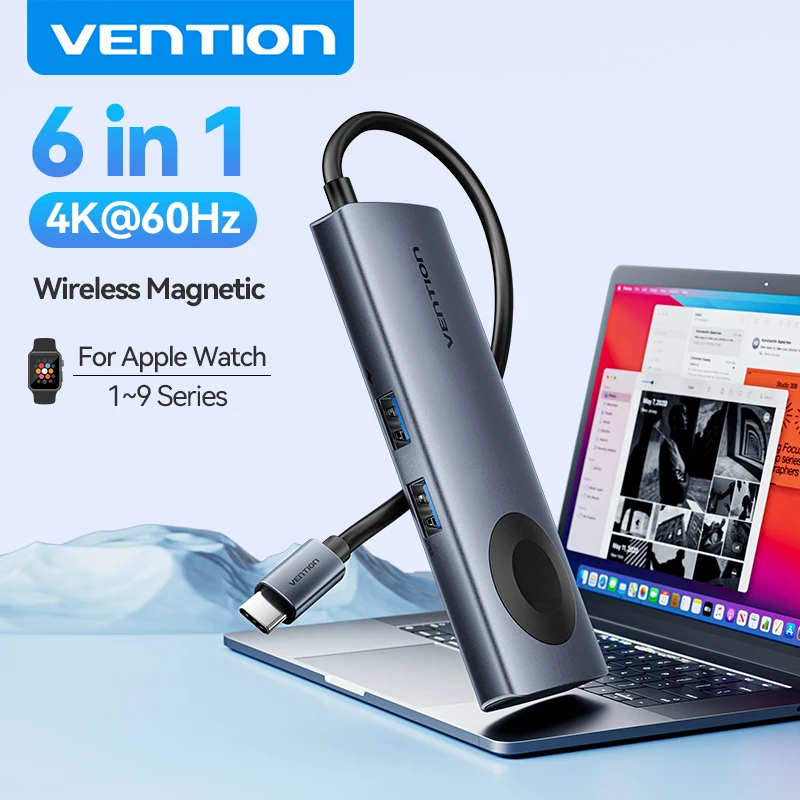 Vention USB C Hub 4K 60Hz Wireless Magnetic Charger for iWatch 1-9 Series USB 3.0 PD 100W Hub for Macbook iPad Samsung Laptop