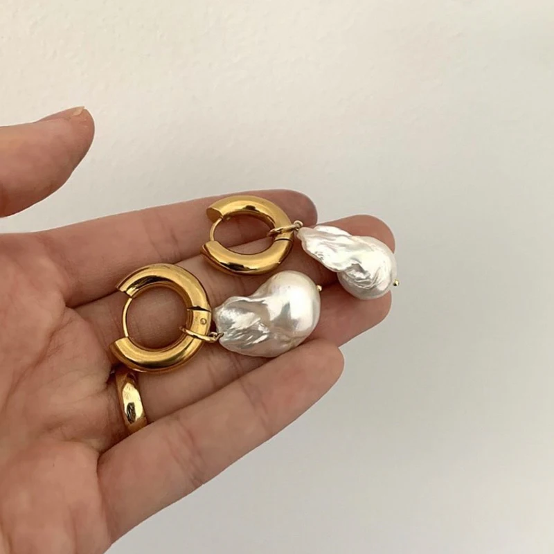 Titanium With 18 K Gold Real Natural Baroque Pearl Drop Earrings Punk Party Gown  Runway rare Boucle  Korean Japan INS Boho Top