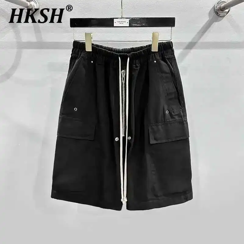 HKSH Men's Tide Dark High Street RO Pocket Zipper Shorts Drawstring Safari Style Knee Length Pants Chic Streetwear Capris HK1808