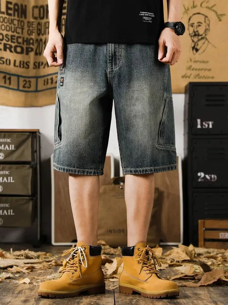 Summer Men's Relaxed Retro Denim Shorts Multi-Pocket Design Cool Comfort Fabric Mid-Length Plus Size