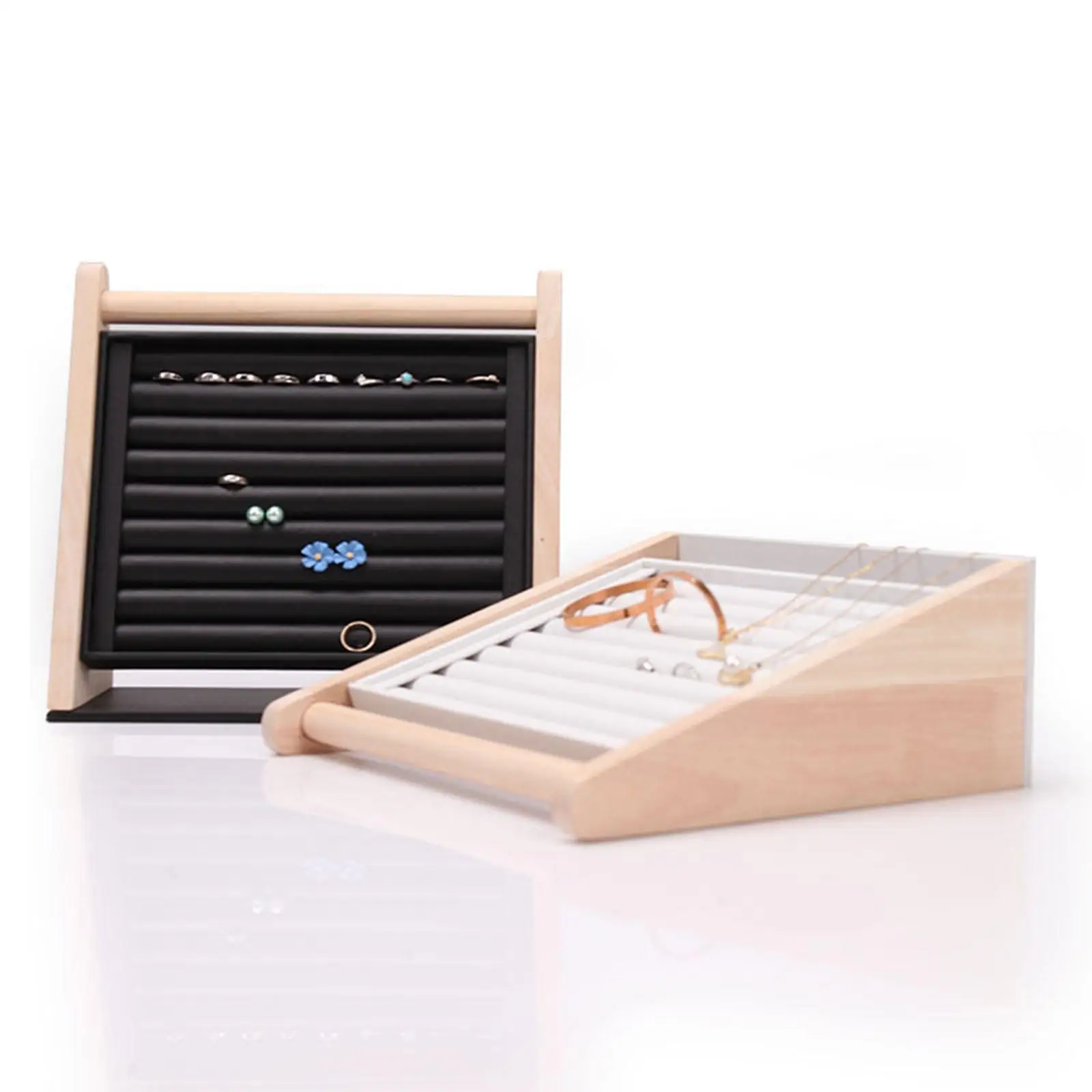 Rings Display Stand Tray Rack Large Capacity Wooden 9 Long Slots Showcase