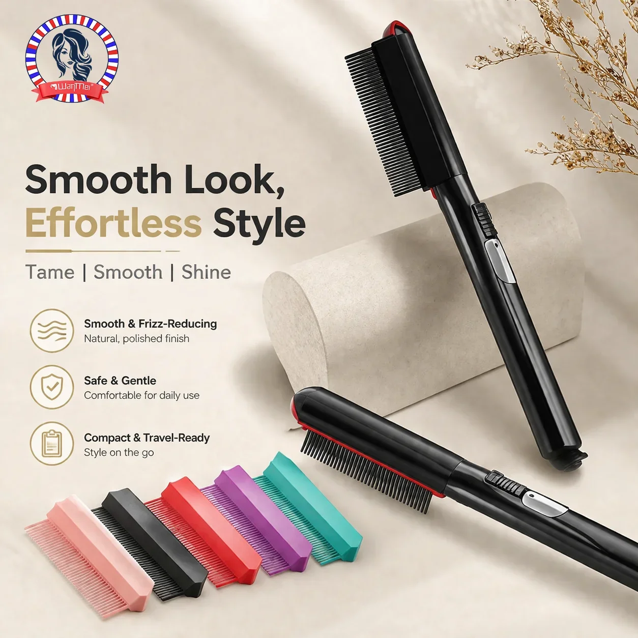 WANMEI Portable Electric Hot Comb Hair Straightener, Anti-Scald Pressing Comb for Natural Hair, Barber Styling Tool