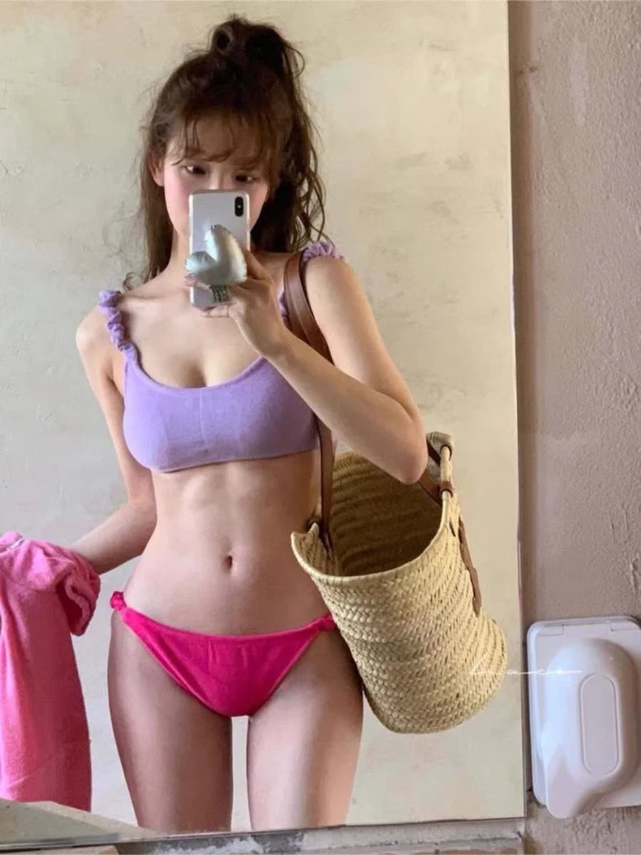2025 Women's Sweet Ruffle Strap Terry Cloth Bikini Set - Color Block Two-Piece Swimsuit, Vintage Cute Beachwear for Summer