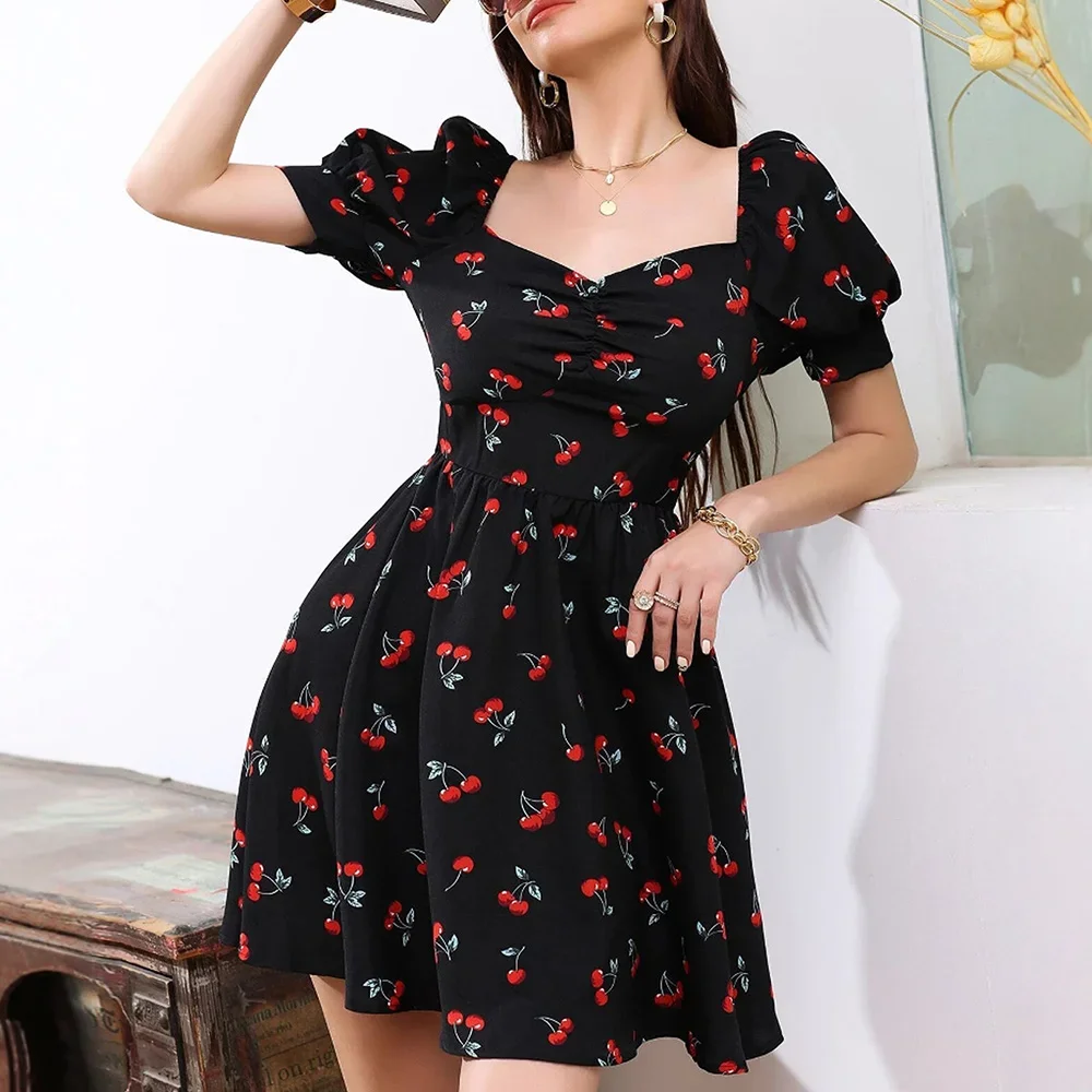 CPSYMYM  Dresses Spring Summer Korean Sweet Cherry Printing Puff Sleeve Sweetheart Neck A-Line Mini Vacation Dresses For Women