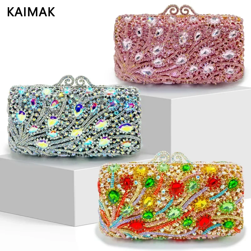 PU Fashion Party Evening Clutch Handbag with Crystal Rhinestone Decoration Simple Design Chain Strap and Flap Closure