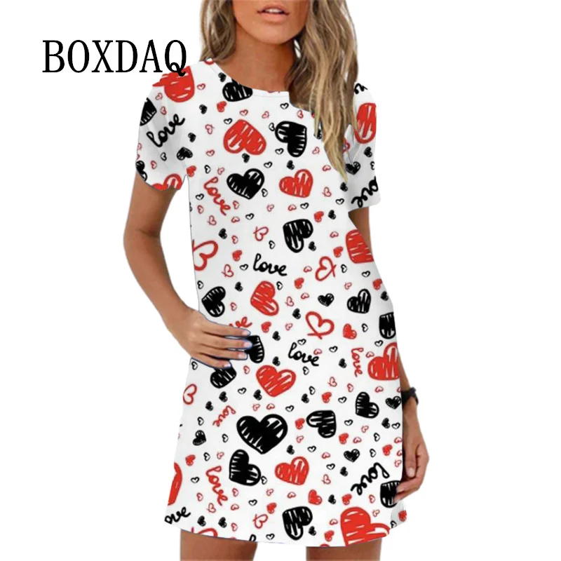 Cute Girls Women Dress Sweet Elegant Heart Print Short Sleeve Mini Dress New Summer Women Sundress Valentine's Day Party Dresses