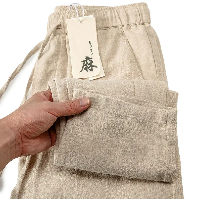 Loose Cotton Linen Men's Straight Leg Casual Pants Elastic Waist Spring Autumn Summer Lightweight Nine-Tenths Length Trousers