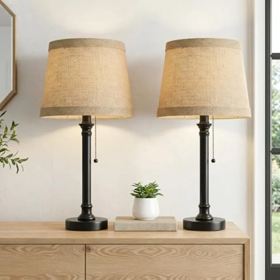 19.5" Table Lamps Set of 2, Pull Chain Switch Bedside Table Lamps, Farmhouse Nightstand Lamp with Unique Natural Shade, Small L