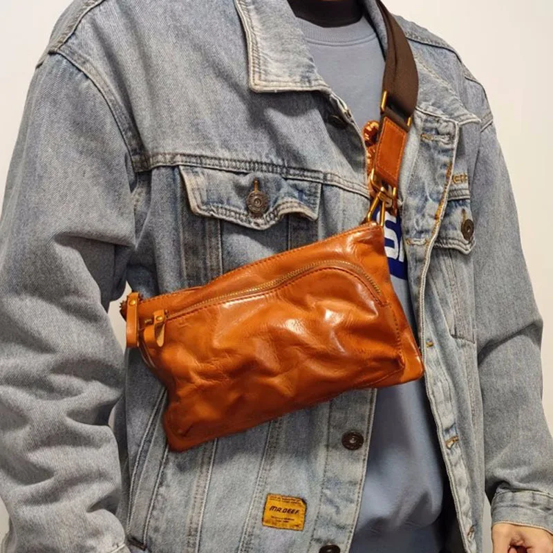 AETOO  New vintage men's chest bag plant tanned head layer leather crossbody bag leather casual fashion backpack hand