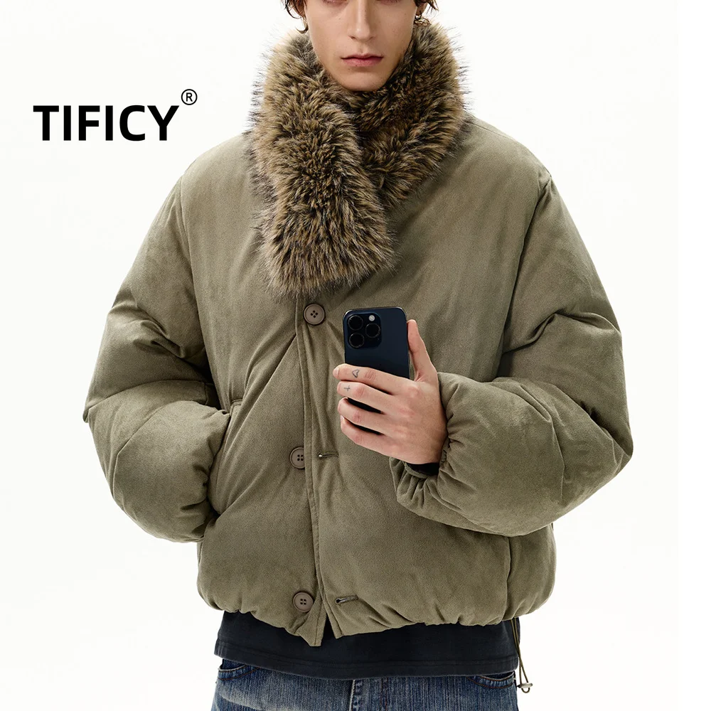 High Street Winter Warm Thick Jackets American Men's Retro Detachable Fur Collar Suede Padded Jacket Women