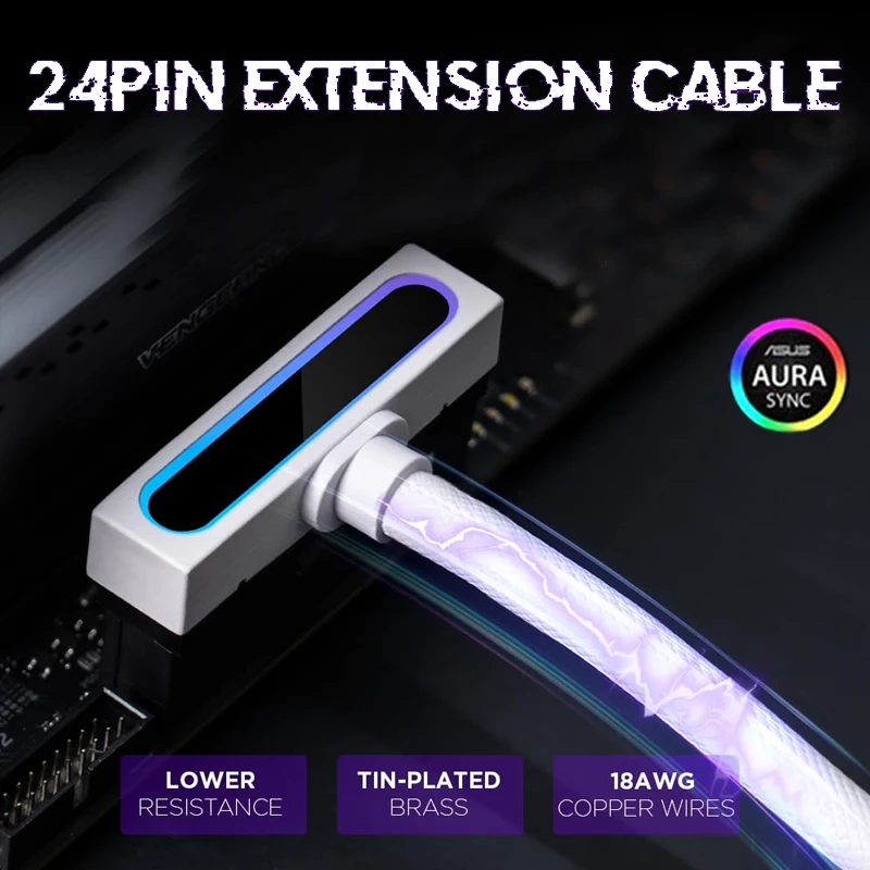 ATX Motherboard 24 Pins PSU Extension for PC ARGB Light with 5V 3Pin 90 Right-Angle 30cm PC CPU Cable Set One-Wire Connection