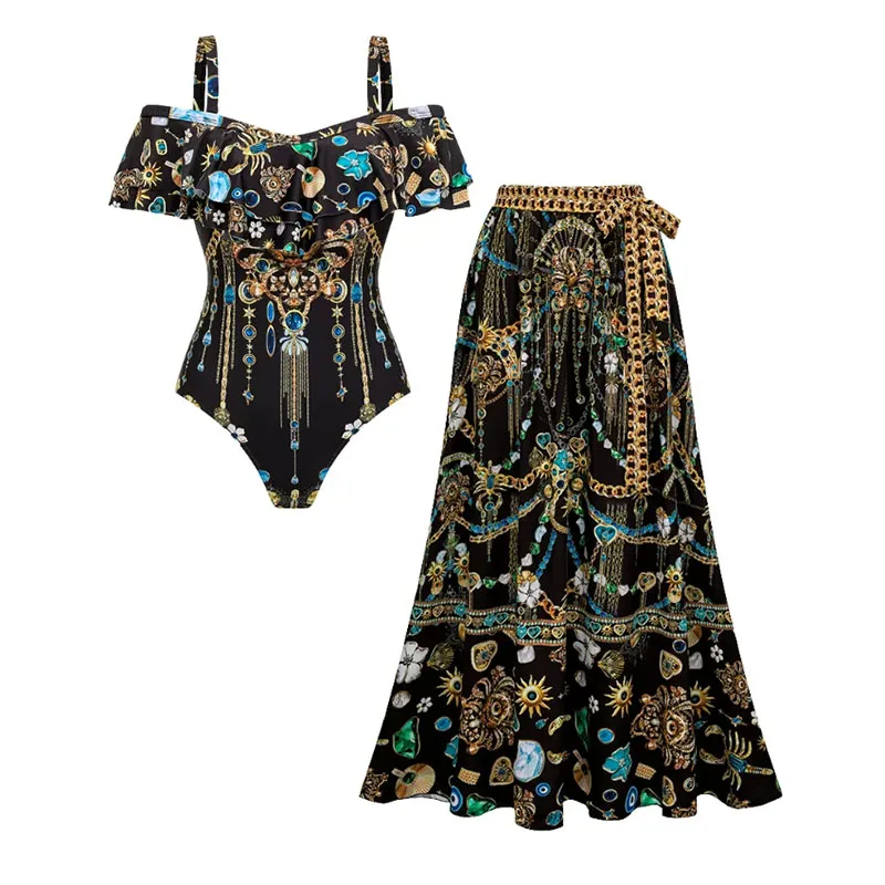 Vintage Women Sexy Swimsuit Off shoulder Celestial Chains Print Swimsuit Set Push Up Bikini Women Swim Wear Bathing Suits Beach