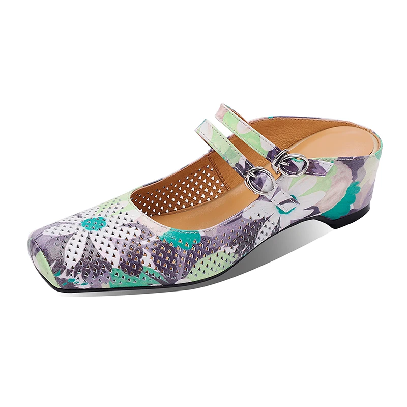 Genuine Leather Cowhide Peritoneal Printed Women's Sandals,Square Toe Hollow out Wedges Heels Women Shoes,Summer Women Slippers