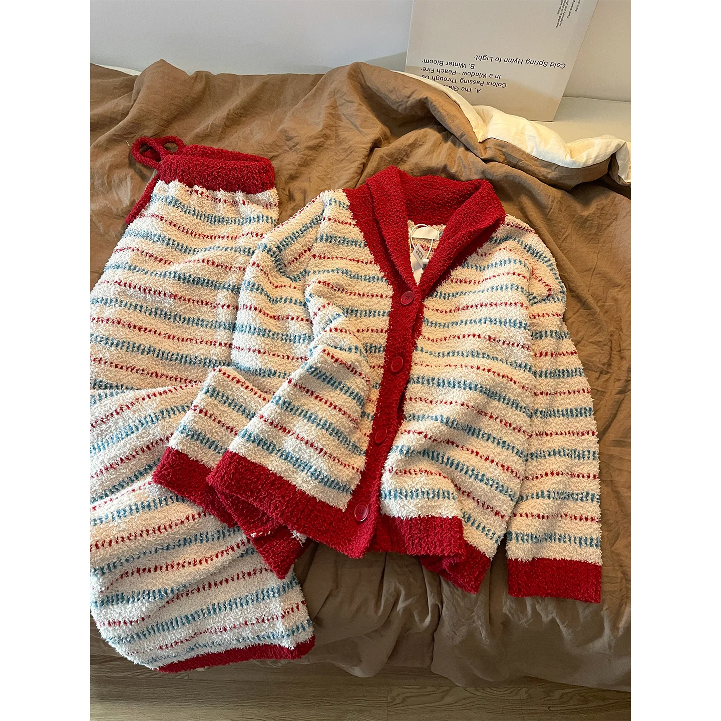 Plus-Size Korean Style Sweet Girl Striped Color-Block Fleece-Lined Thick Pajama Set For Women, Autumn And Winter Loungewear