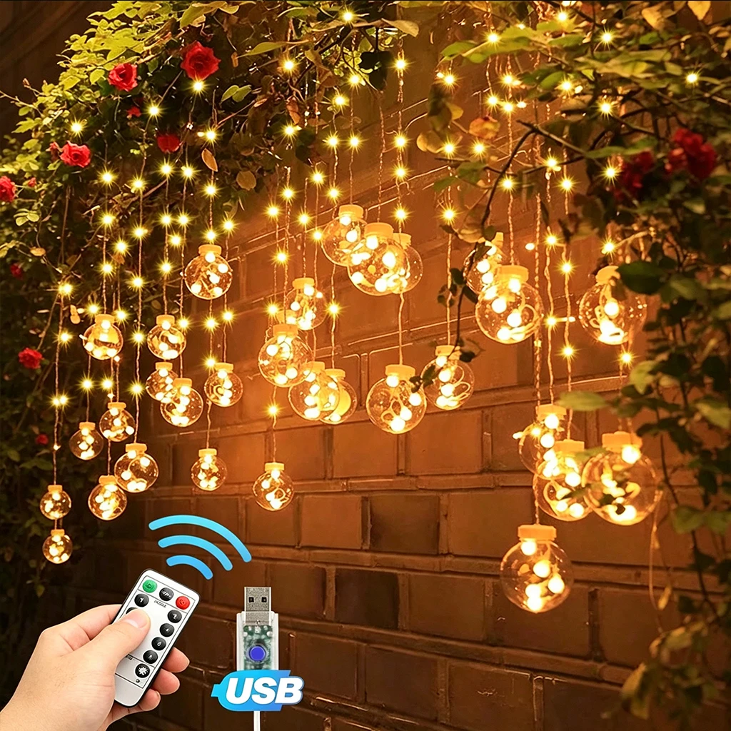 LED Wishing Ball Light String with Remote & USB, Romantic Wedding Party Bedroom Garden Outdoor Decor, Waterproof Fairy Curtain Lights Sways With The Wind
