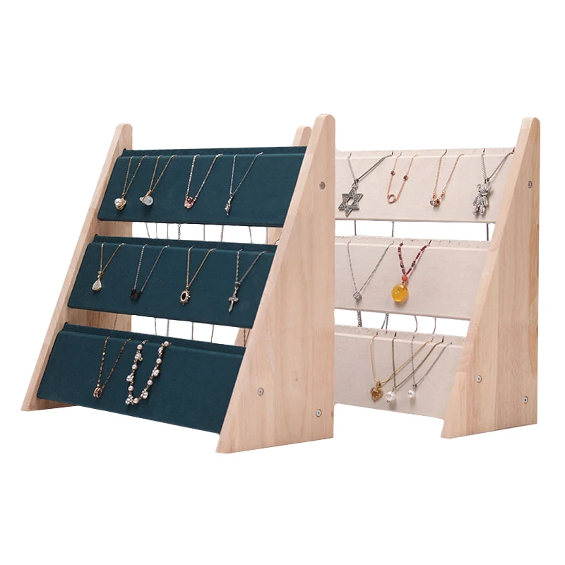 3 Layers Wood Slope Shape Jewelry Necklace Pendant Bracelet Display Organizer Stand Holder Rack Showcase Tray
