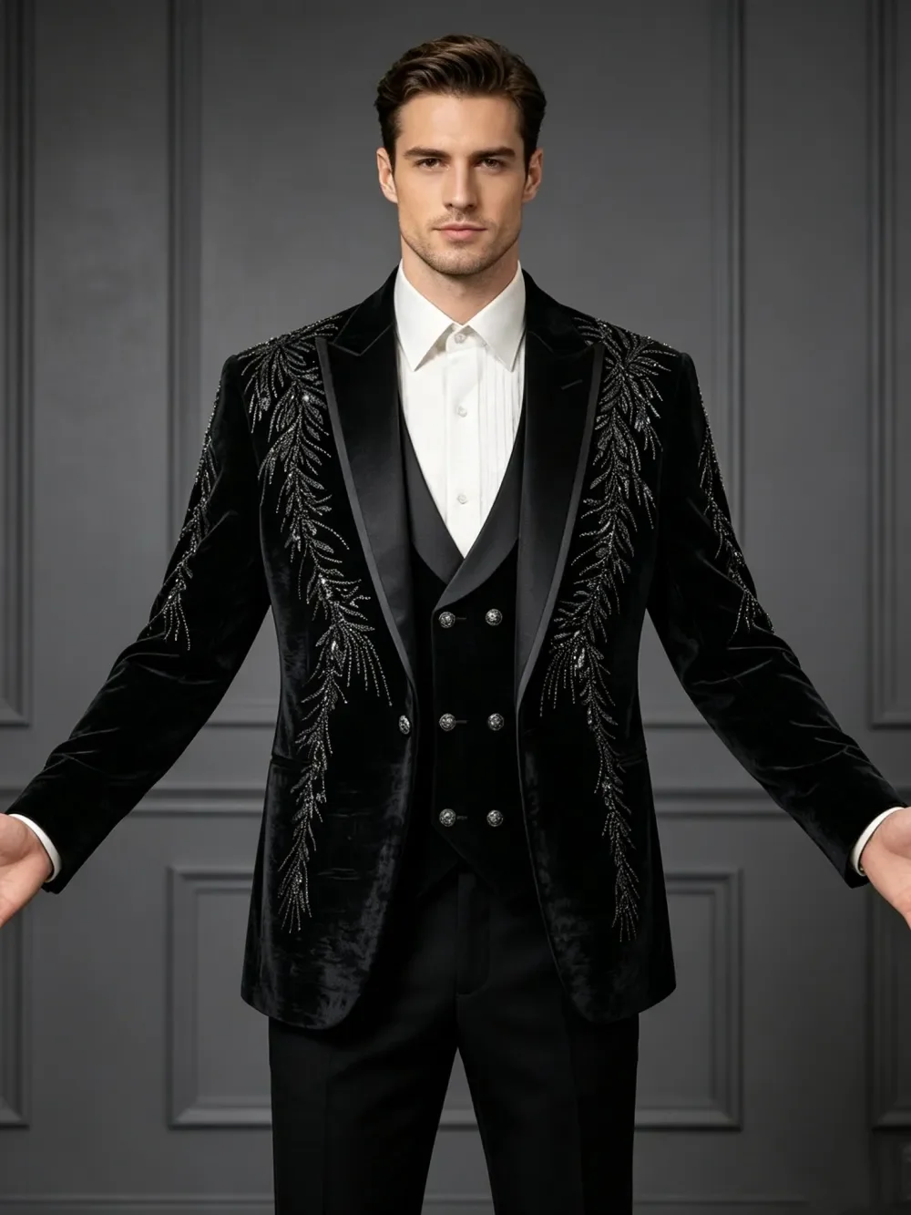 Modern Wedding Tuxedos Beaded 3 Piece Set Velvet Men Suit Royal Peaked Lapel Jacket Vest Pants Evening Blazers Party Customized