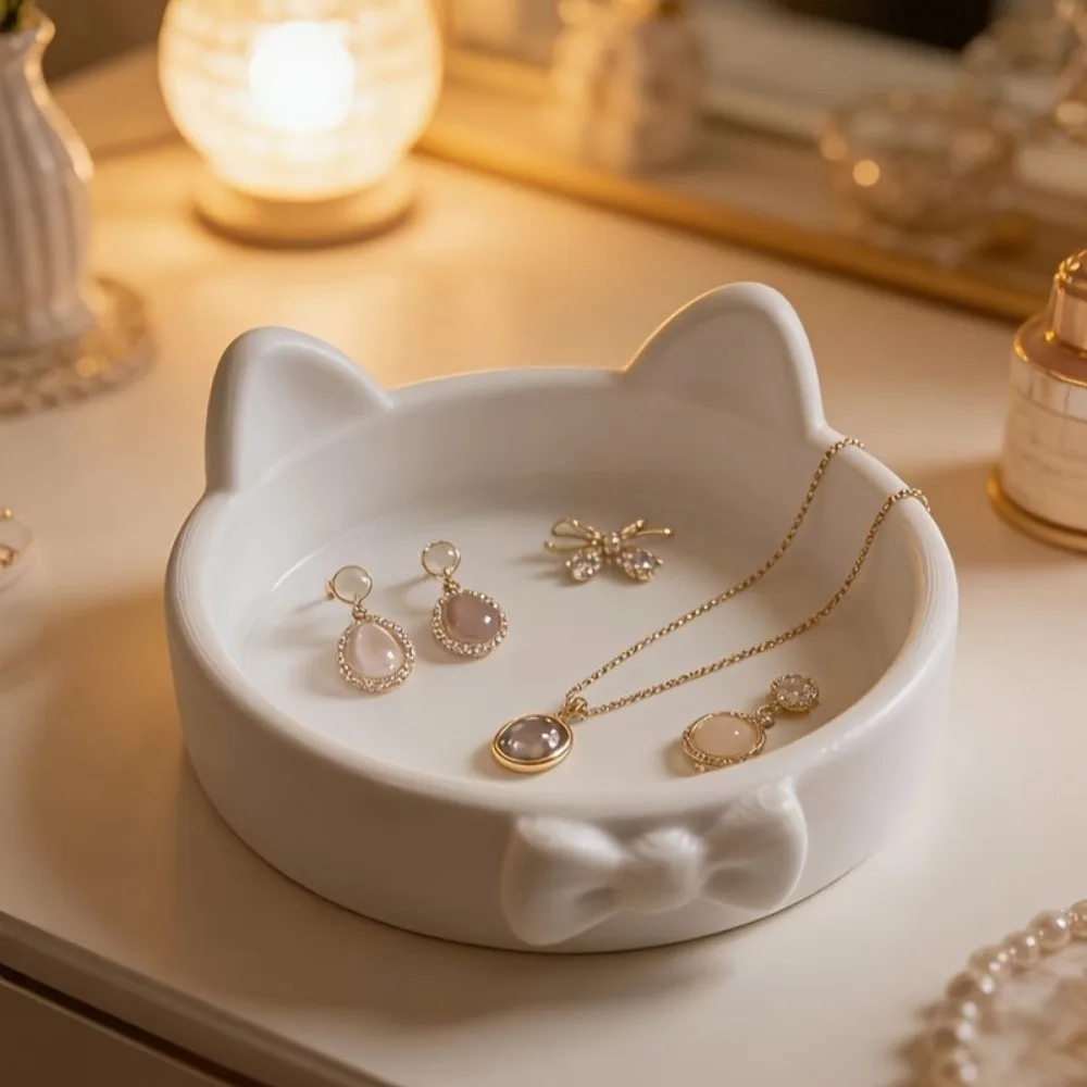 3D Printed Bow Jewelry Plate Cute Paw Print-Like Base Jewelry Holder Ornaments Non-Slip Cat Ear Storage Trays Gift for Her