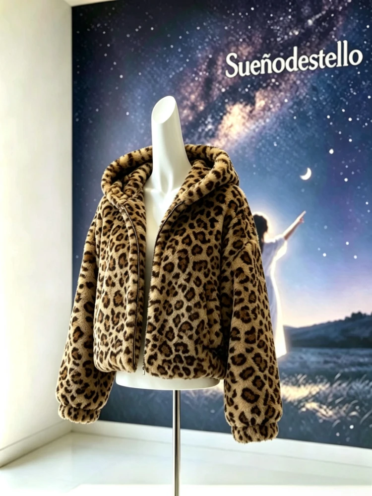 2026 Korean Fashion Cute Leopard Print Faux Fur Jacket Women Hooded Bear Ears Cropped Thick Warm Loose Fit Winter Casual Outfit