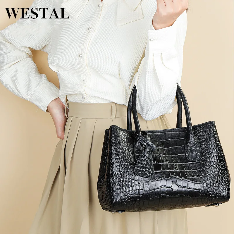 Leather women's tote bag handbag, single-layer cowhide with crocodile pattern, crossbody bag
